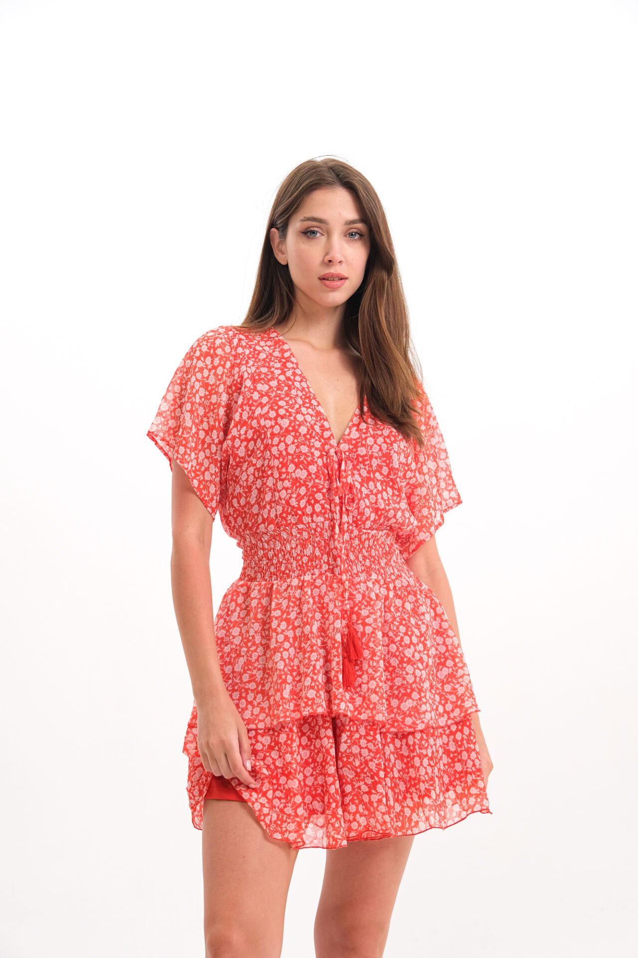 Çiçekli  kırmızı kısa elbise