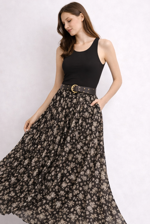 Çiçek Desenli Kemerli Etek