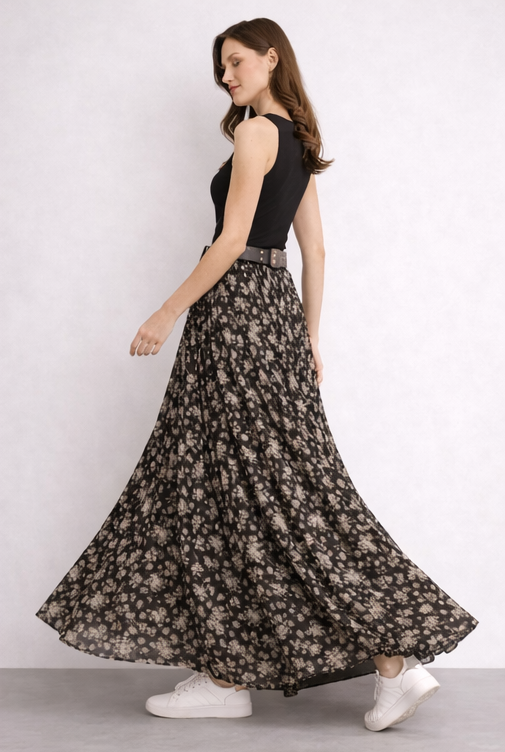 Çiçek Desenli Kemerli Etek