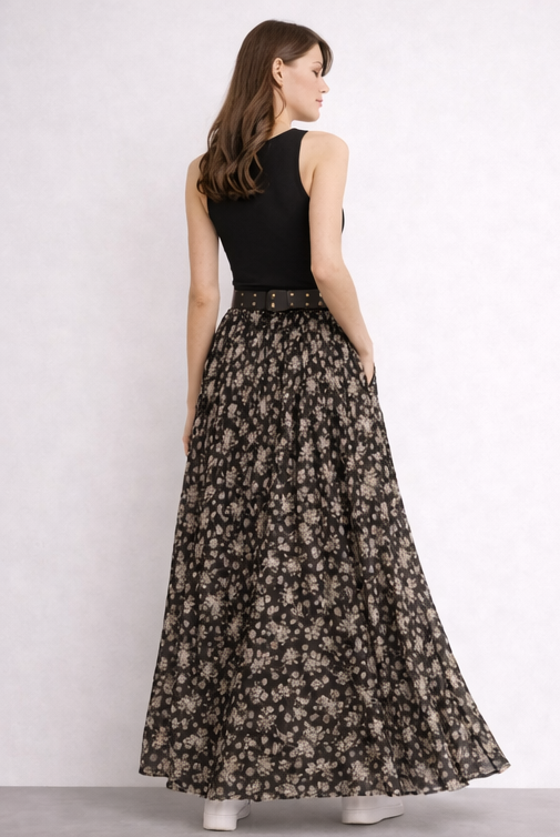 Çiçek Desenli Kemerli Etek