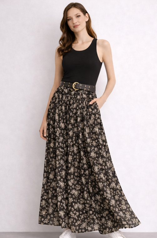 Çiçek Desenli Kemerli Etek