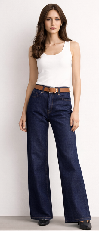 Kemerli Geniş Paça Jean Lacivert