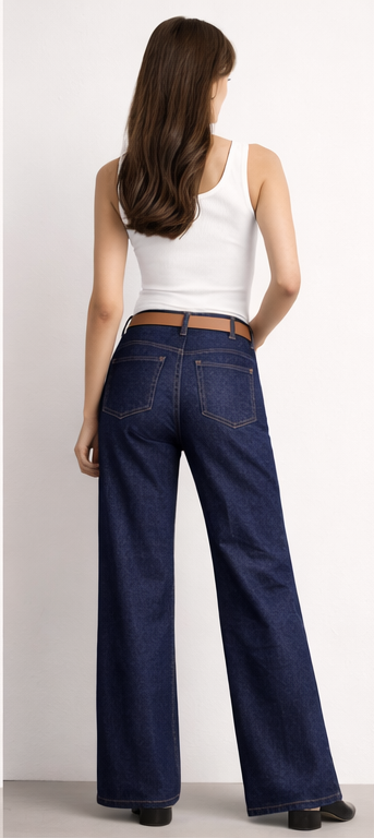 Kemerli Geniş Paça Jean Lacivert