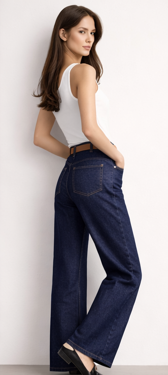 Kemerli Geniş Paça Jean Lacivert